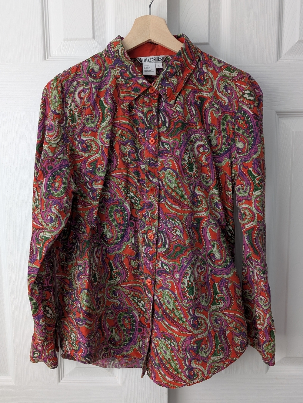 WinterSilks Red Orange Paisley Button Down Linen Silk Blouse, size L maximalist